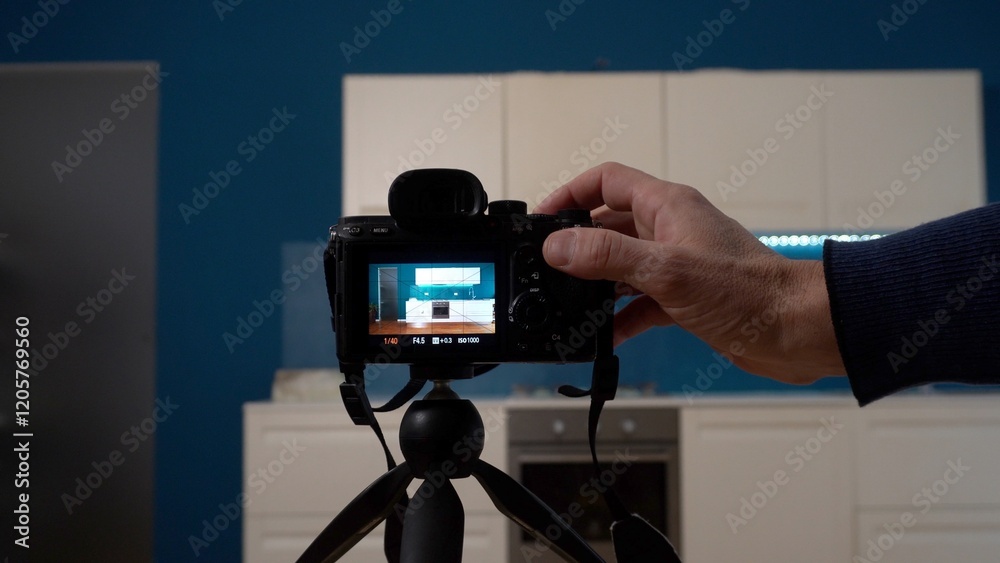 Real estate photographer taking pictures and videos at house in apartment living room with professional camera - selling home with real estate agency and home staging indoor home design