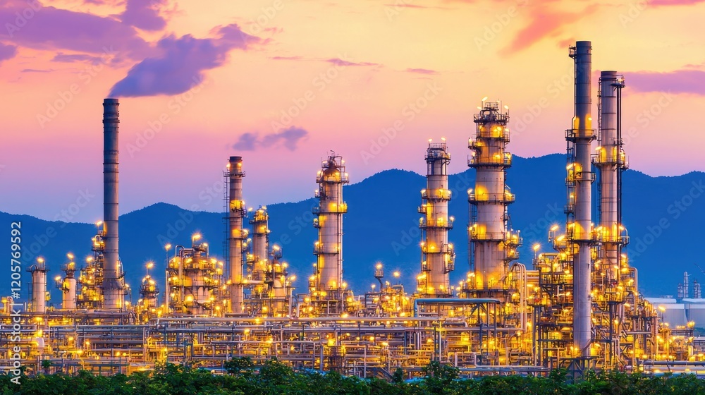 Obraz premium Industrial complex illuminated at dusk with smokestacks and mountains in the background.