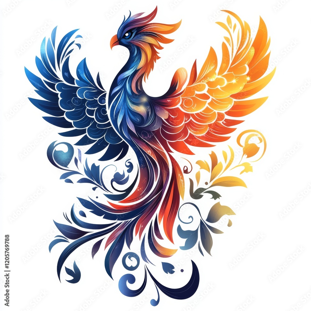 Fototapeta premium Majestic Phoenix: A Vibrant Illustration of Rebirth and Transformation, with Bold Colors and Ornate Details on a White Background