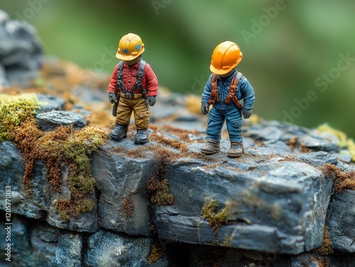 Two miniature construction workers on a rocky surface, showcasing detailed craftsmanship. photo