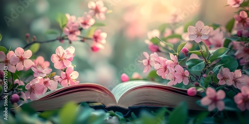 An open book with delicate flowers and greenery in soft lighting. Perfect for spring reading, creativity, and literary inspiration concepts.