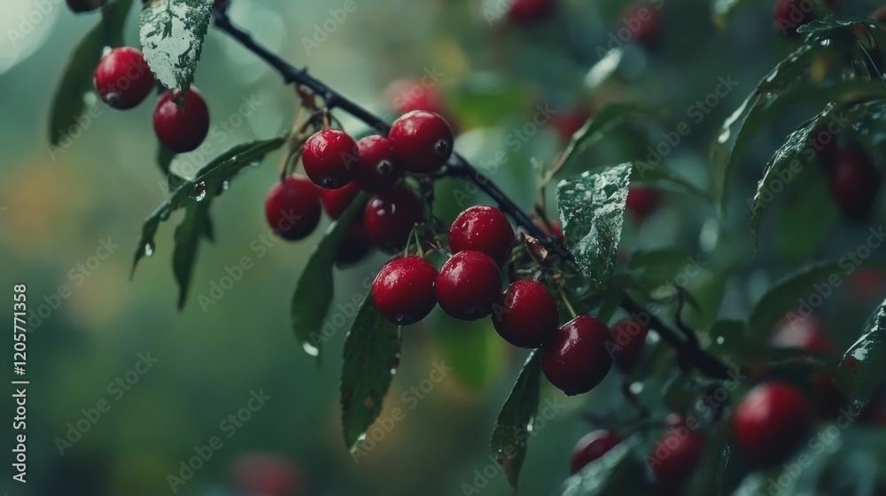 Red berries on a branch with raindrops close up and macro photography Red berries on a branch with raindrops close up and macro photography