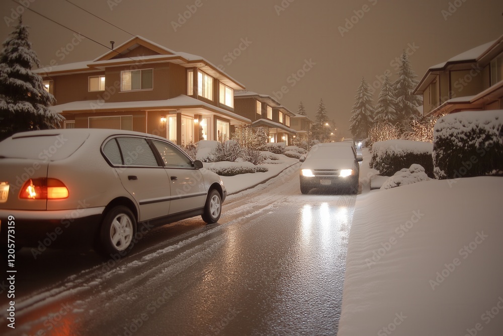 A car is skillfully driving down a snowy street during the night. Evening Strolls and City Life: Discover the magic after dusk A car is skillfully driving down a snowy street during the night. Evening Strolls and City Life: Discover the magic after dusk
