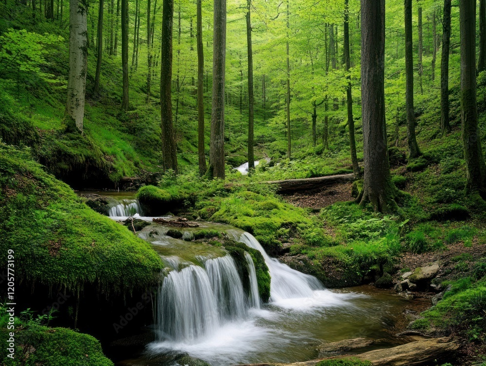 A serene forest scene with a mossy stream and small waterfalls amidst tall green trees A serene forest scene with a mossy stream and small waterfalls amidst tall green trees