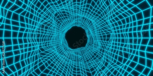 Fototapeta Naklejka Na Ścianę i Meble -  Retro glowing cyan neon geometry grid tunnel with black star sky background, synthwave or retrowave 80s minimal geometric background, copy space