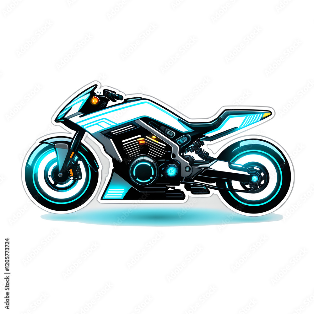 Sticker: Futuristic Cyberpunk Motorcycle with Tron-like Lights - Cyberpunk Style, Contour, Vector, White Background