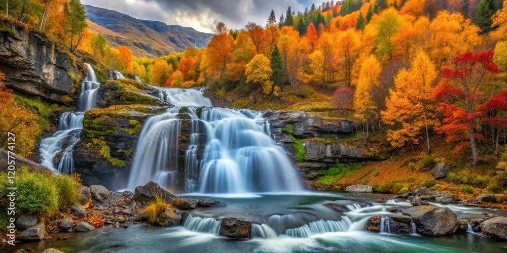 Waterfall surrounded by vibrant autumn colors and lush greenery in Skibotndalen , foliage, nature, foliage Waterfall surrounded by vibrant autumn colors and lush greenery in Skibotndalen , foliage, nature, foliage