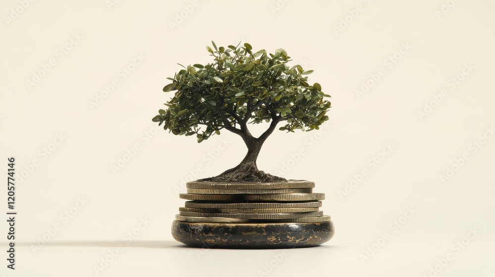 Investing in nature a bonsai tree growing on stacks of coins financial growth indoor setting minimalist view sustainability concept Investing in nature a bonsai tree growing on stacks of coins financial growth indoor setting minimalist view sustainability concept