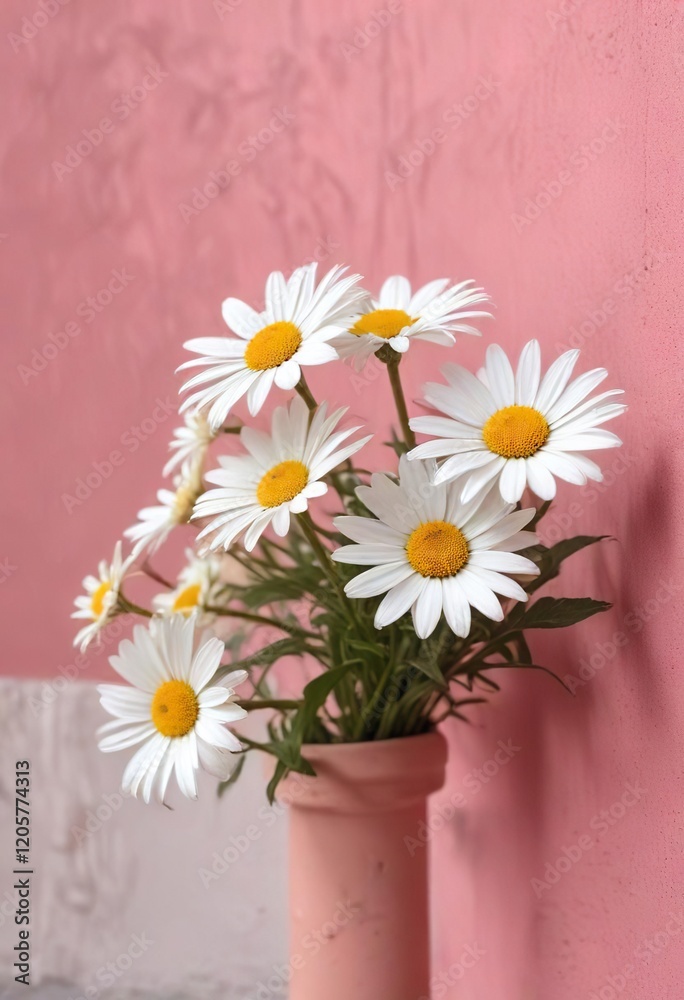 Obraz premium Vibrant white daisies blooming against a pink wall, strong, striking, contrast, blossoming