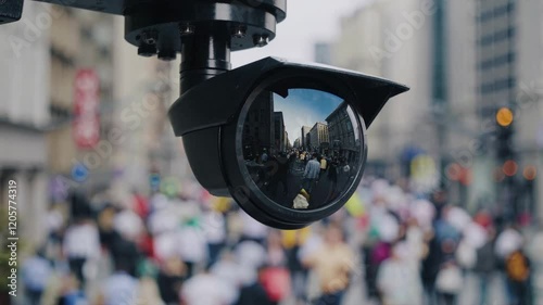 Modern sulveillance camera mounted high scanning crowded city square