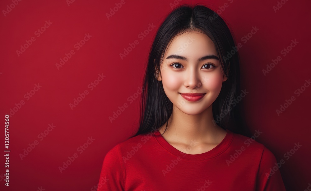 An Asian woman in a red attire stands against a matching red background, exuding warmth and friendliness, perfect for red-themed marketing campaigns. An Asian woman in a red attire stands against a matching red background, exuding warmth and friendliness, perfect for red-themed marketing campaigns.