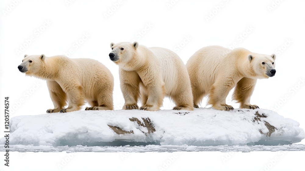 Fototapeta premium Climate change: Pollution and temperature rise. Three polar bears standing on an ice floe in a snowy landscape.