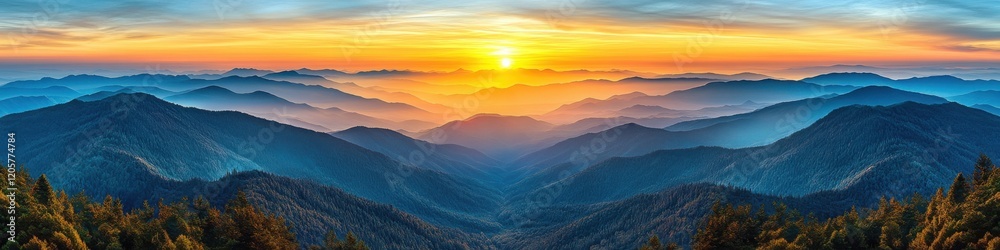 Obraz premium Panoramic view of sunrise over misty mountain ranges with a glowing sky