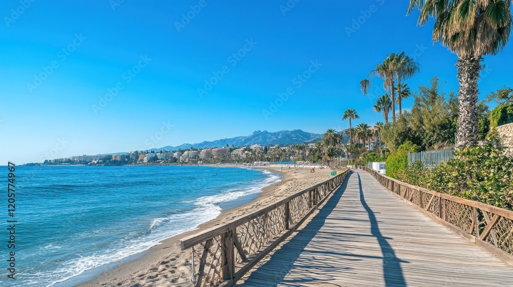 Coastal boardwalk, beach stroll, sunny day, mountains, vacation Coastal boardwalk, beach stroll, sunny day, mountains, vacation