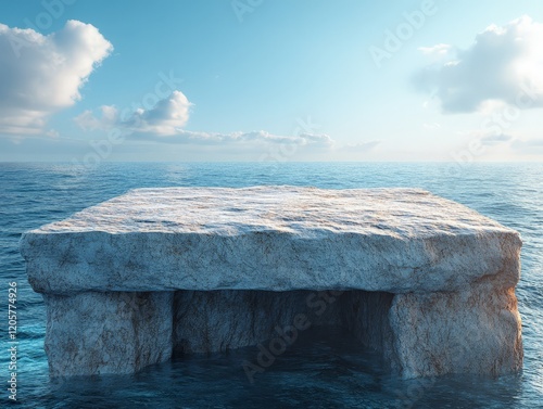 A surreal stone platform emerging from calm ocean waters under a clear blue sky. photo