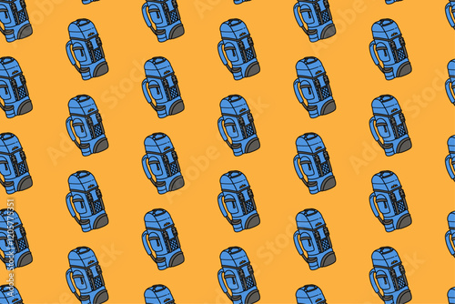 blue carrier backpack outdoor colorful doodle seamless pattern on yellow background. retro carrier bag background. backpack illustration pattern wallpaper. pattern background carrier bag for adventure