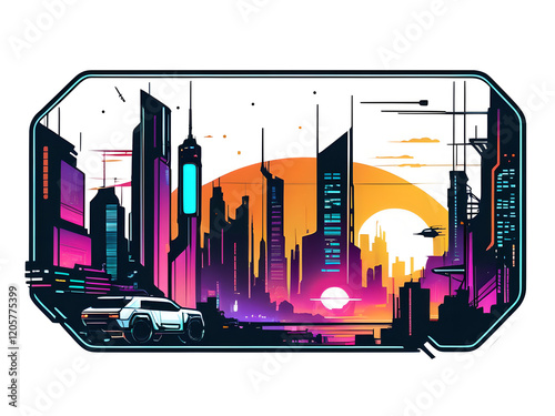 Futuristic Cyberpunk Cityscape Sticker: Lora's Easy Vector Design photo