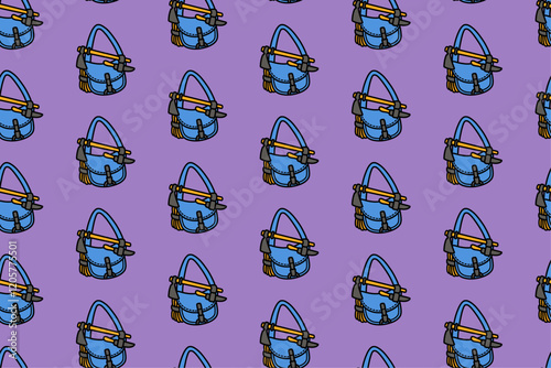 sling bag with axes, ropes, knife colorful doodle seamless pattern on purple background. retro sling bag background. sling bag illustration wallpaper. pattern background with sling bag for adventure