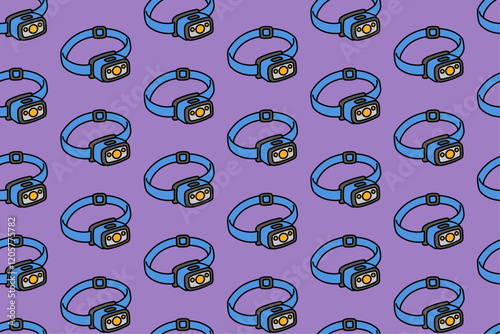 headlamp with strap colorful doodle seamless pattern on purple background. retro LED flashlight background. headlight illustration pattern wallpaper. pattern background with LED headlamp for adventure