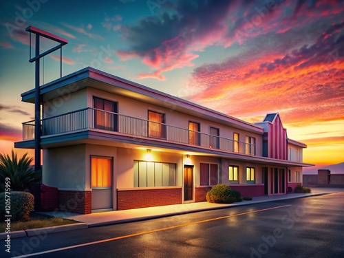 Classic American Motel Exterior, Retro Road Trip Lodging, Vintage Architecture