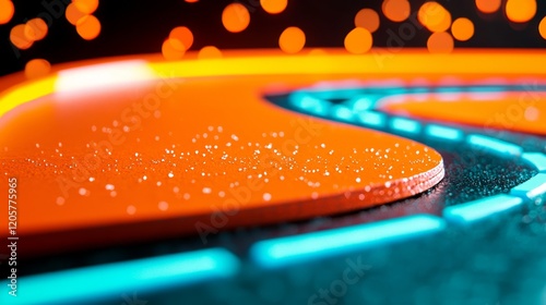 A close-up of a vibrant orange surface with glowing blue lines, surrounded by soft bokeh lights, creating a dynamic and futuristic aesthetic. photo