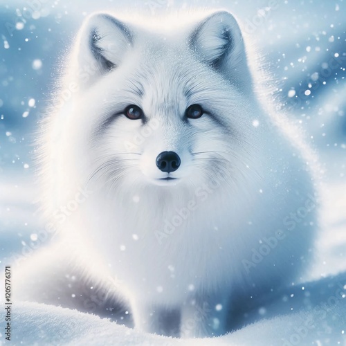 Close-up of an arctic fox with detailed white fur against a snowy background.