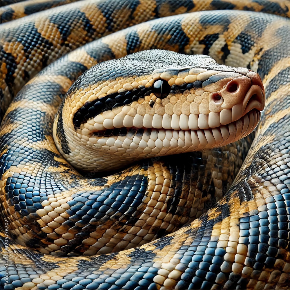 Fototapeta premium A coiled snake with a yellowish base color, black and dark brown spots and stripes, very detailed scales, head raised