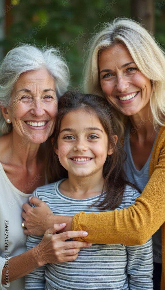 Fototapeta premium A grandmother, mother, and daughter stand closely together, radiating happiness and love in a lush outdoor setting. Their warm smiles and affectionate embrace highlight the strong bond of family