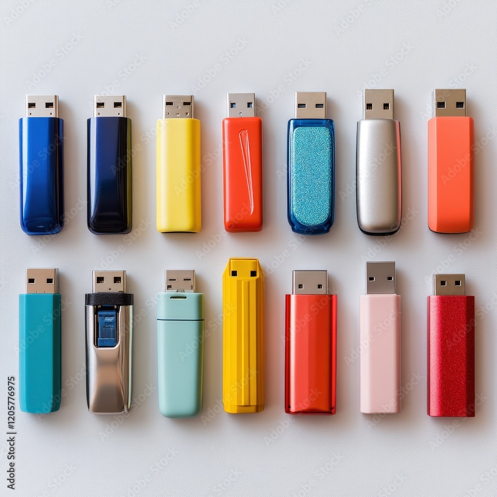 A vibrant collection of USB flash drives showcasing a variety of colors and designs, neatly arranged on a light gray background A vibrant collection of USB flash drives showcasing a variety of colors and designs, neatly arranged on a light gray background