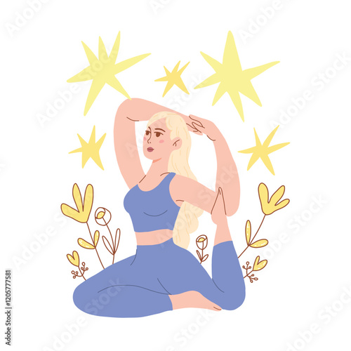 In yoga classes, a girl practices poses to develop flexibility and awareness. In the vector illustration, she is depicted in a sitting position, strengthening her health