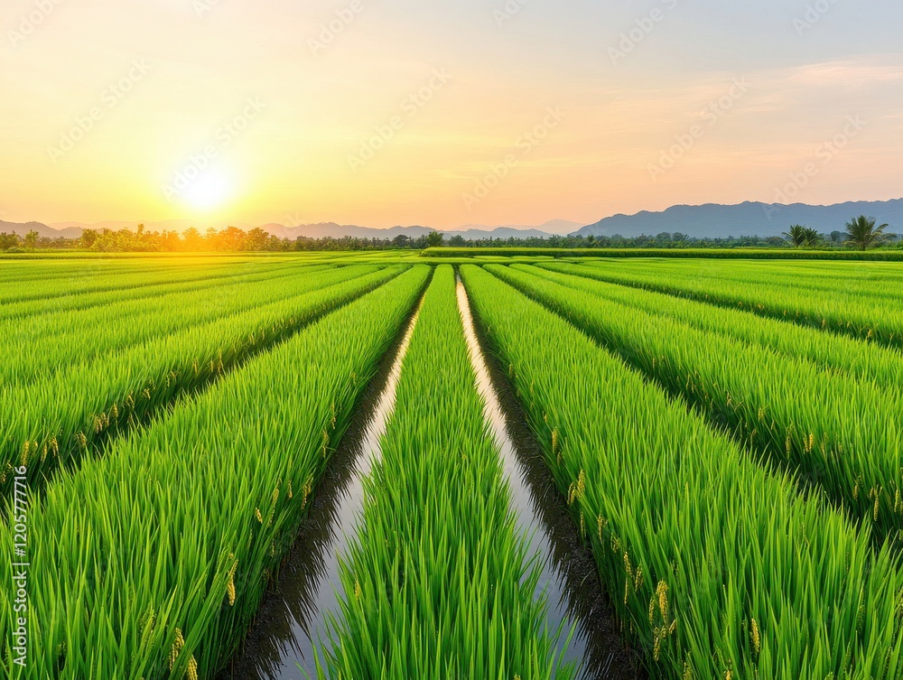 A serene rice field under a golden sunset, showcasing vibrant green plants and tranquil waterways, embodying the beauty of nature. A serene rice field under a golden sunset, showcasing vibrant green plants and tranquil waterways, embodying the beauty of nature.