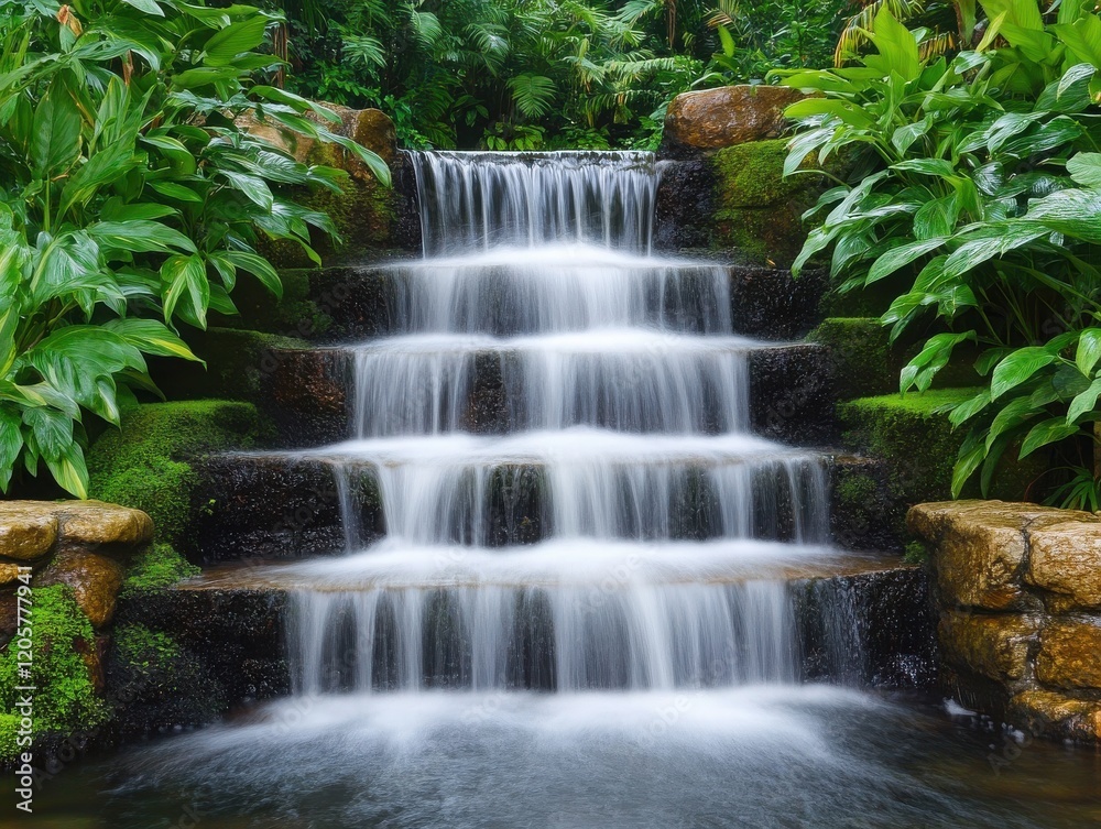 Obraz premium A serene waterfall cascades over stones, surrounded by lush green foliage, creating a tranquil natural landscape scene.