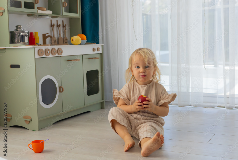 Young child enjoys a toy apple in a bright playroom with a miniature kitchen setup during daylight hours Young child enjoys a toy apple in a bright playroom with a miniature kitchen setup during daylight hours