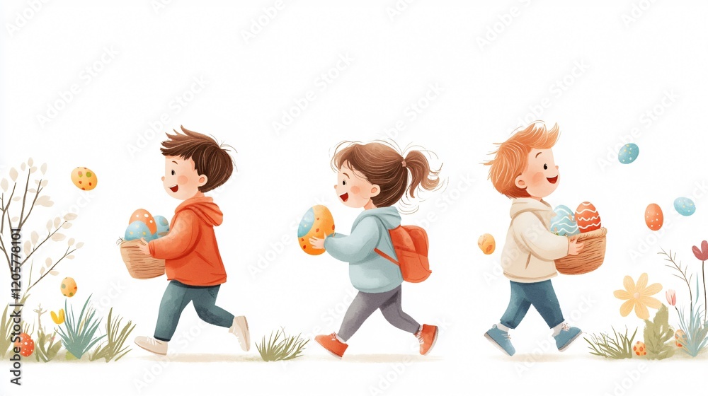 Excited kids searching for hidden Easter eggs in a blooming park Excited kids searching for hidden Easter eggs in a blooming park