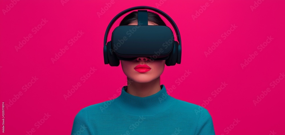 A woman in a blue sweater wears VR goggles and headphones against a vibrant pink background. A woman in a blue sweater wears VR goggles and headphones against a vibrant pink background.