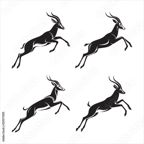Antelope in Mid-Leap silhouettes in black color bold simple and cleaner vector