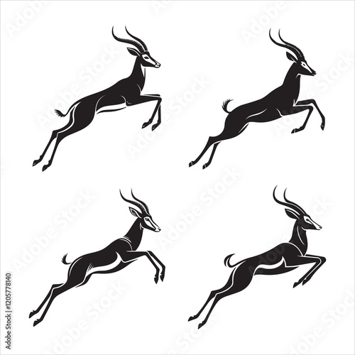 Antelope in Mid-Leap silhouettes in black color bold simple and cleaner vector