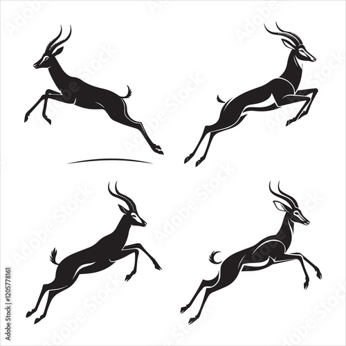 Antelope in Mid-Leap silhouettes in black color bold simple and cleaner vector