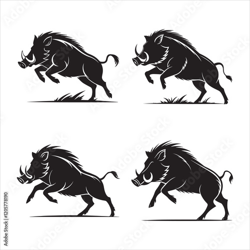 Wild Boar Charging silhouettes in black color bold simple and cleaner vector