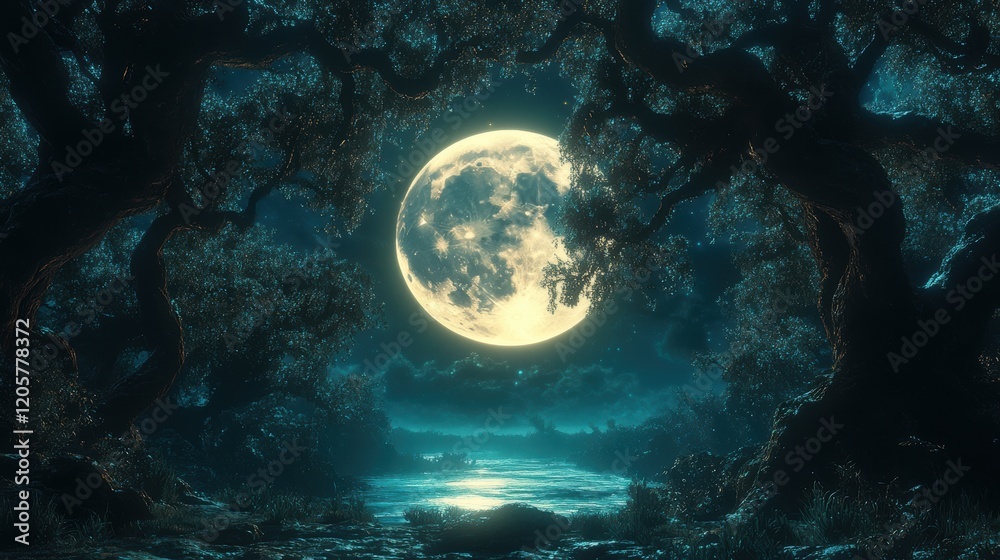 Fototapeta premium Majestic Full Moon Illuminating a Serene Forest Clearing Under a Starry Sky