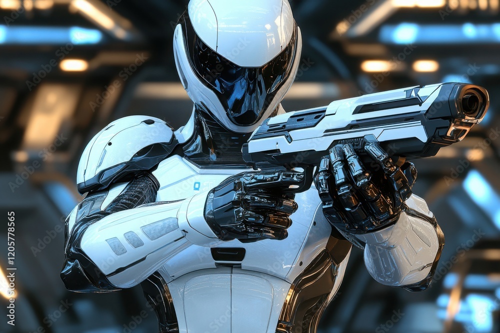 Futuristic humanoid robot holding a weapon in a sci-fi setting
Futuristic humanoid robot holding a weapon in a sci-fi setting