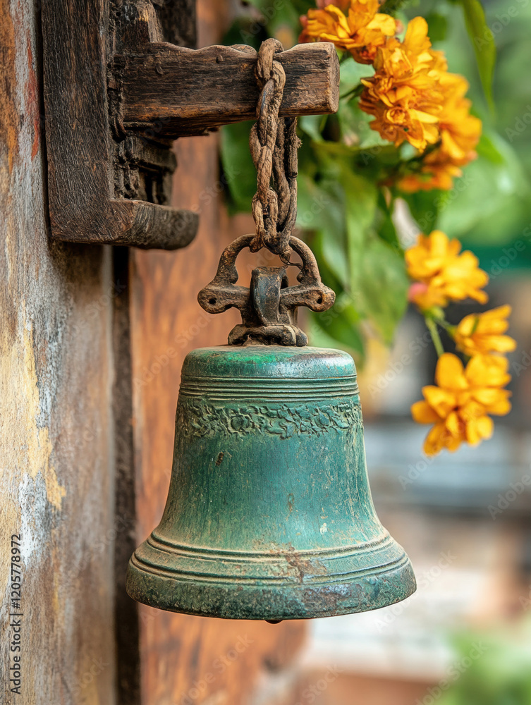 Obraz premium Artalika Teej, A serene image of a temple bell being rung, showcasing tranquility and cultural significance in high fidelity.