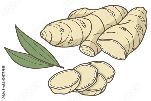 Fresh ginger root, pale yellow interior, knobby beige exterior, green leaf accent, aromatic spice, culinary ingredient, close-up photography, white background, sharp focus, high detail, food stylin