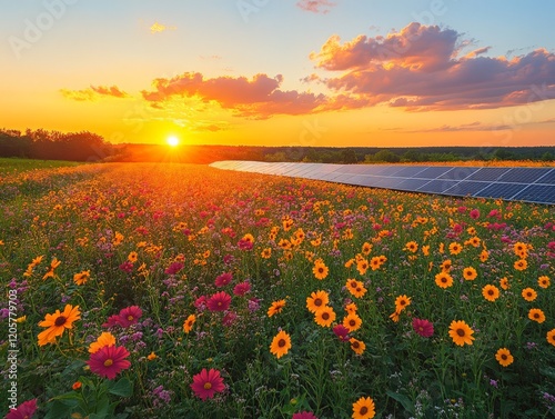 A vibrant field of flowers with solar panels under a sunset sky.