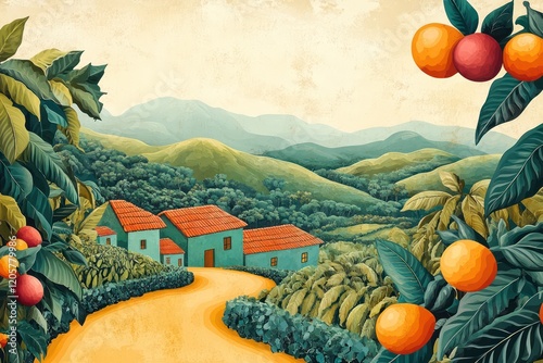 The journey of coffee from farm to cup, illustrated with vibrant images of coffee plantations, processing plants, and coffee shops.