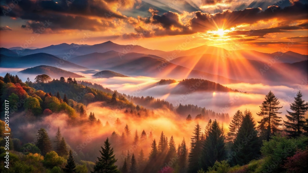 Fototapeta premium Golden Sunrise Illuminates Misty Mountain Forest With Rays of Light Breaking Through Clouds
