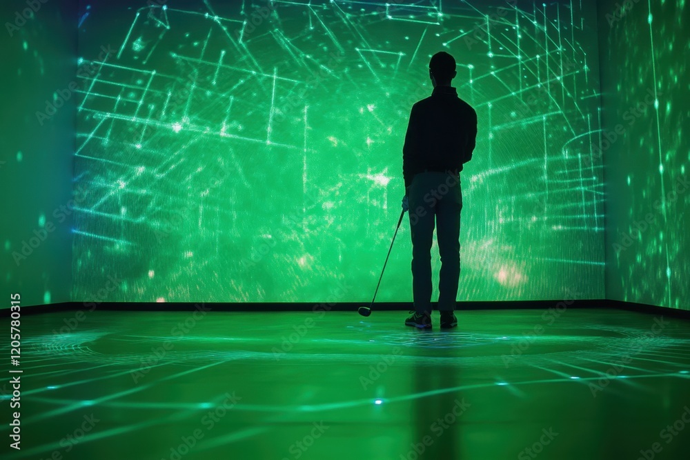 Player engages in indoor golf simulation while surrounded by vibrant digital projections Player engages in indoor golf simulation while surrounded by vibrant digital projections