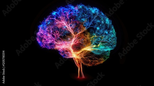 Visualization of the human brain with colorful neon lights. Highlighting the complex neural connections against a dark and dynamic backdrop.