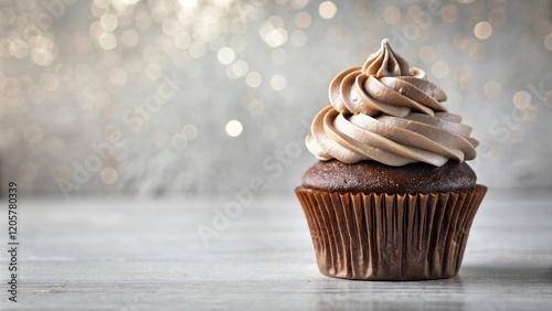 A single decadent chocolate cupcake with swirls of creamy frosting, resting on a rustic wooden surface against a softly blurred, shimmering background