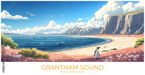 Grantham sound Falkland islands Travel Poster Flat Illustration Print Decor Gift Canvas Wall Art Gift photo